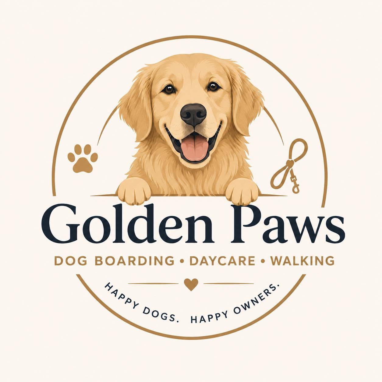 Golden Paws: illustrated golden retriever, with the motto Happy dogs. Happy owners.